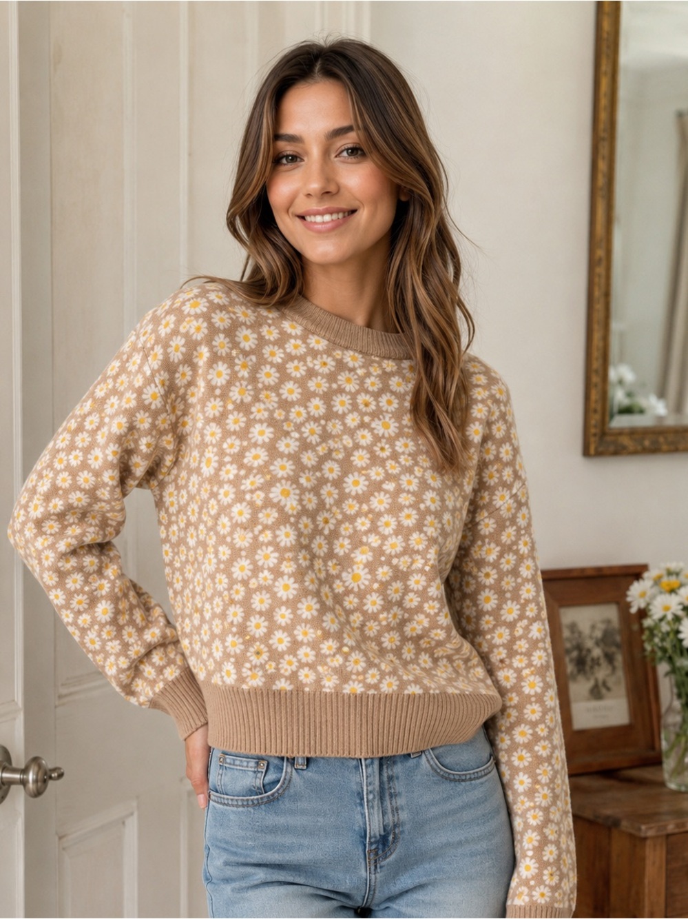 Floral Daisy 🌼 Crewneck Sweater - Tan and White